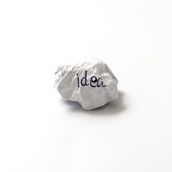 white crumpled paper ball focus idea word on a white background