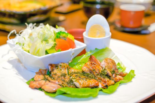 Grilled Chicken with Egg and Salad vegetable delicious  isolated