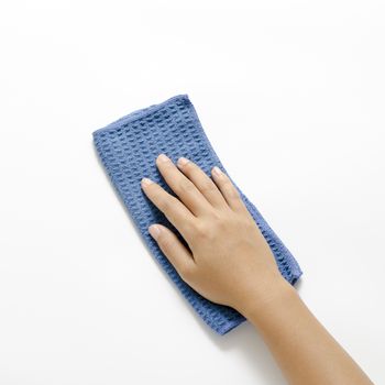 asia  woman right hang with blue rag cleaning on a white background hang with blue rag cleaning on a white background