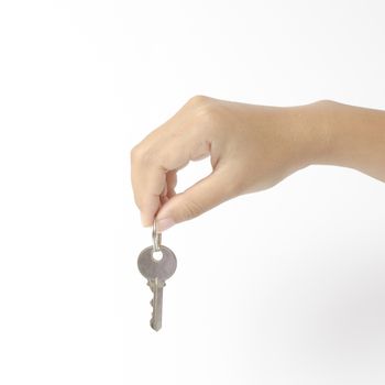 asia woman right hand holding key on a white background