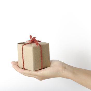 asia woman hand holding gift box on a white background