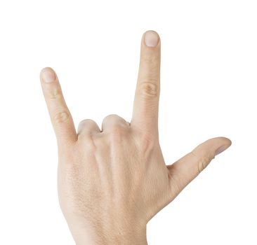 Close up picture of a male hand making metal gesture with white background