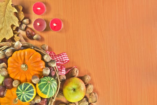 Photo shows a closeup of a various autumn vegetable background.