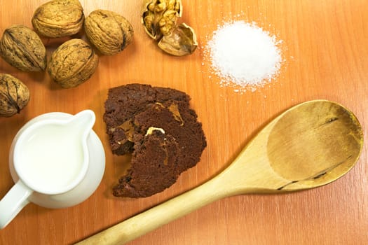 Photo shows a closeup of a various baking ingredients on a table.