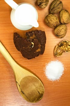 Photo shows a closeup of a various baking ingredients on a table.