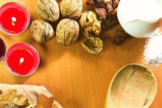 Photo shows a closeup of a various baking ingredients on a table.