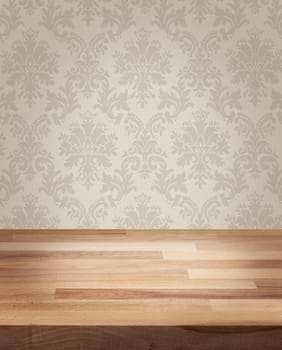Product photo template wooden table damask wall background