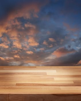 Product photo template wooden table evening skybackground
