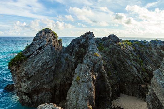 View of ocean cave rock formations located on the island of Bermuda at Jobsons Cove near Warwick Long Bay Beach