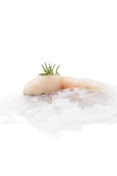 Fish fillet with fresh rosemary on ice isolated on white background. Delicious culinary fish fillet eating. Perch fish.