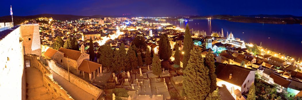 Town of Sibenik evening aerial panorama, Dalmatia, Croatia