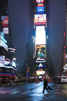 NEW YORK CITY, NEW YORK, USA - MAY 20, 2013: Times Square at night, featured with Broadway Theaters and huge number of LED signs, is a symbol of New York City and the United States, May 20, 2013 in Manhattan, New York City