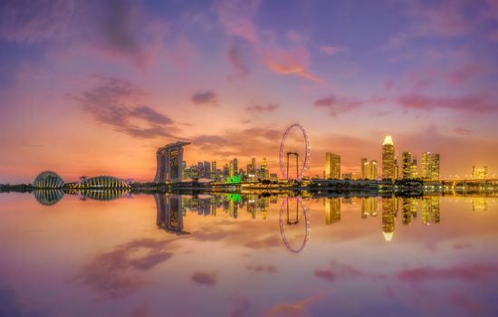 View of Singapore city skyline at sunset