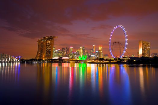 View of Singapore city skyline at sunset