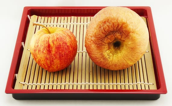 The difference of two apples,  one is fresh fruit and small size. Another is dried and big size.                             