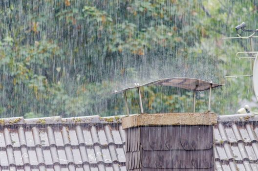 Raindrops, heavy rain, rain on the roof cover a fireplace.