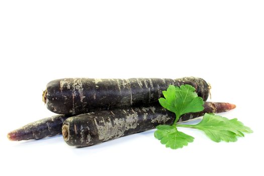 purple carrots with parsley against white background