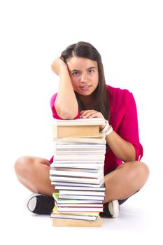 Portrait of a girl teenager with her books isolated over white background