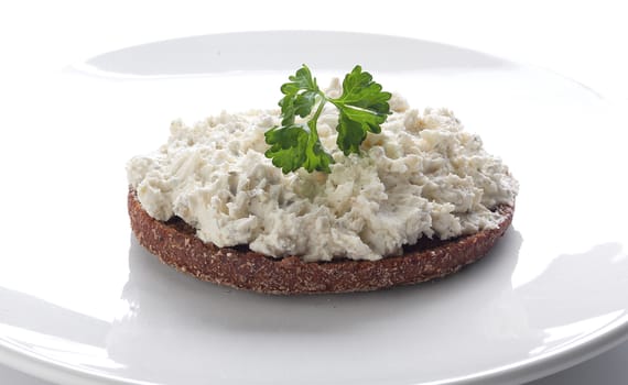 Sandwich with rye bread, cottage cheese and parsley on the white plate;