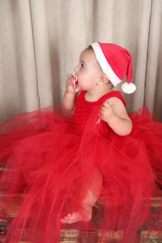 Brunette christmas baby girl wearing a long red tulle dress 