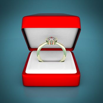 image of wedding rings in a gift box on blue background