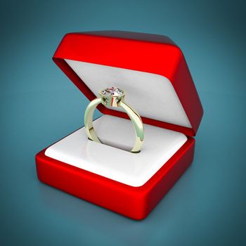 image of wedding rings in a gift box on blue background