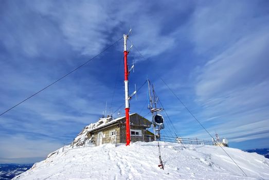 Weather station on mountain top, Ceahlau massif, Romania.