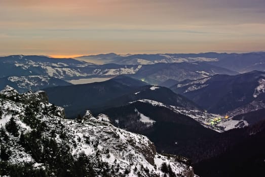 Lights in the night on mountain, Romanian Carpathians.