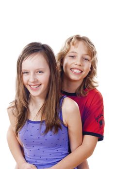 portrait of a boy and girl smiling - isolated on white