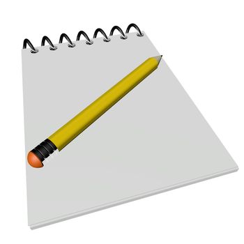 Yellow pencil over empty notebook, 3d render