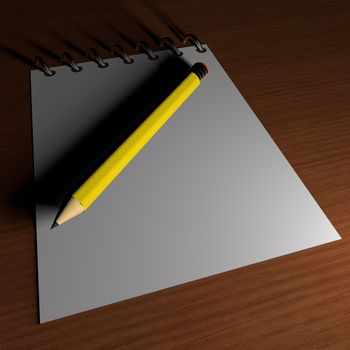 Yellow pencil over empty notebook, 3d render