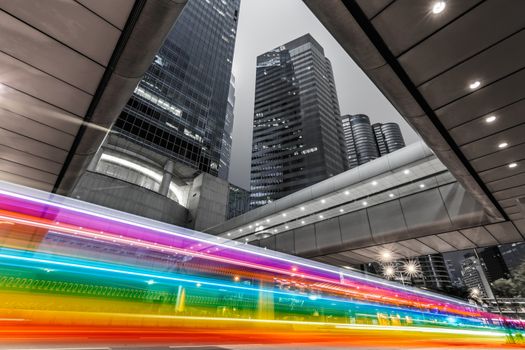 Car light in the modern city night, Hong Kong, Asia.