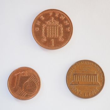 One Euro cent, one British Penny and one Dollar cent