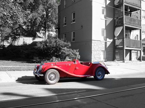 red sports car selective color