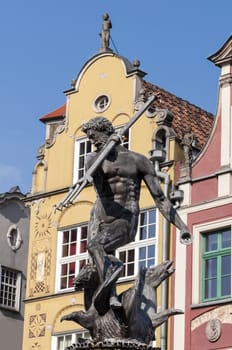 Neptune's fountain in the Old Town of Gdansk, Poland.