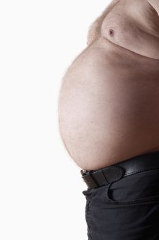 big belly of a fat man isolated on white