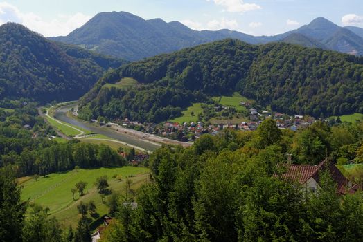 View of Savinja river and  Lasko valley from medieval Celje castle in Slovenia