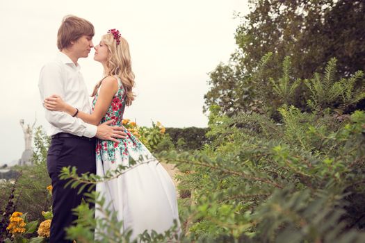 Beautiful wedding couple is enjoying wedding in the sun. 