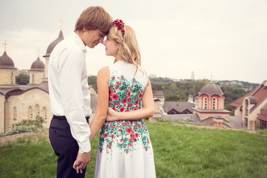 Beautiful wedding couple is enjoying wedding in the sun. 