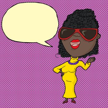 Pretty Black woman in sunglasses talking over halftone background
