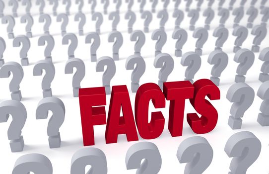 A bold, red "FACTS" stands out in rows of question symbols receding into the distance on a white background.  Shallow DOF with focus on "FACTS". 