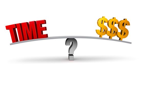 A bright, red "TIME" and three gold dollar signs sit on opposite ends of a gray board balanced on a gray question mark. Isolated on white.