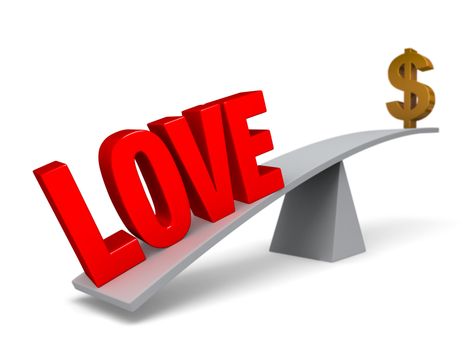 A bold, red "LOVE" weigh one end of a gray balance beam down while a gold dollar sign sits high in the air on the other end. Focus is on "LOVE".  Isolated on white.

