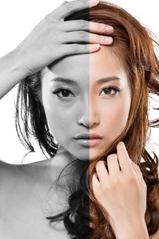 Face of beautiful Asian woman before and after retouch, concept of makeup or plastic surgery.