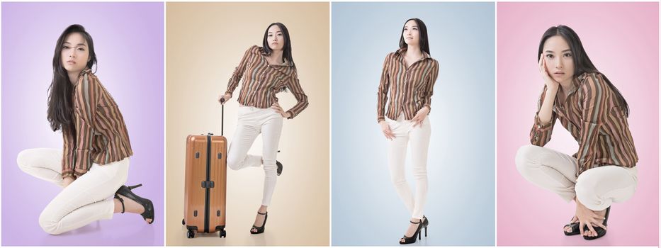 Modern Asian woman stand with a luggage in vintage style.