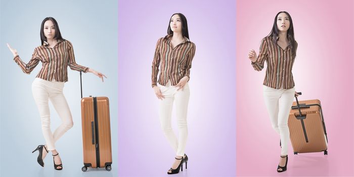 Travel concept with Asian beauty with a luggage in a set.