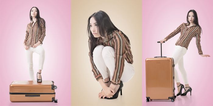 Travel concept with Asian beauty with a luggage in a set.