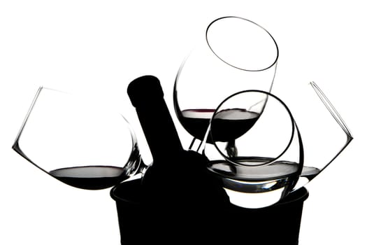 Glasses and bottle silhouette on white Background