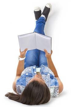 teenager girl reading book isolated over white background