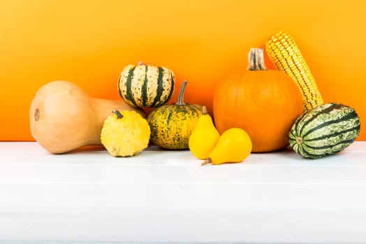 Fresh pumpkins isolated on white wooden table and orange background